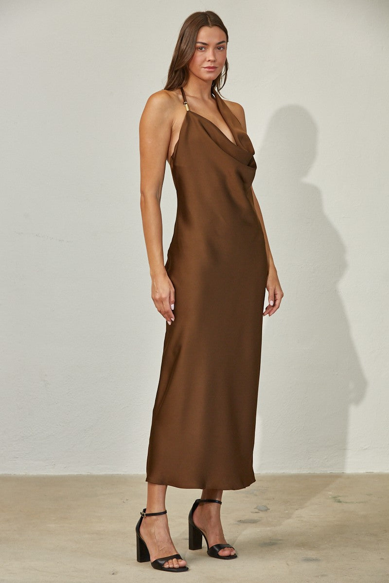 BROWN SATIN MIDI DRESS
