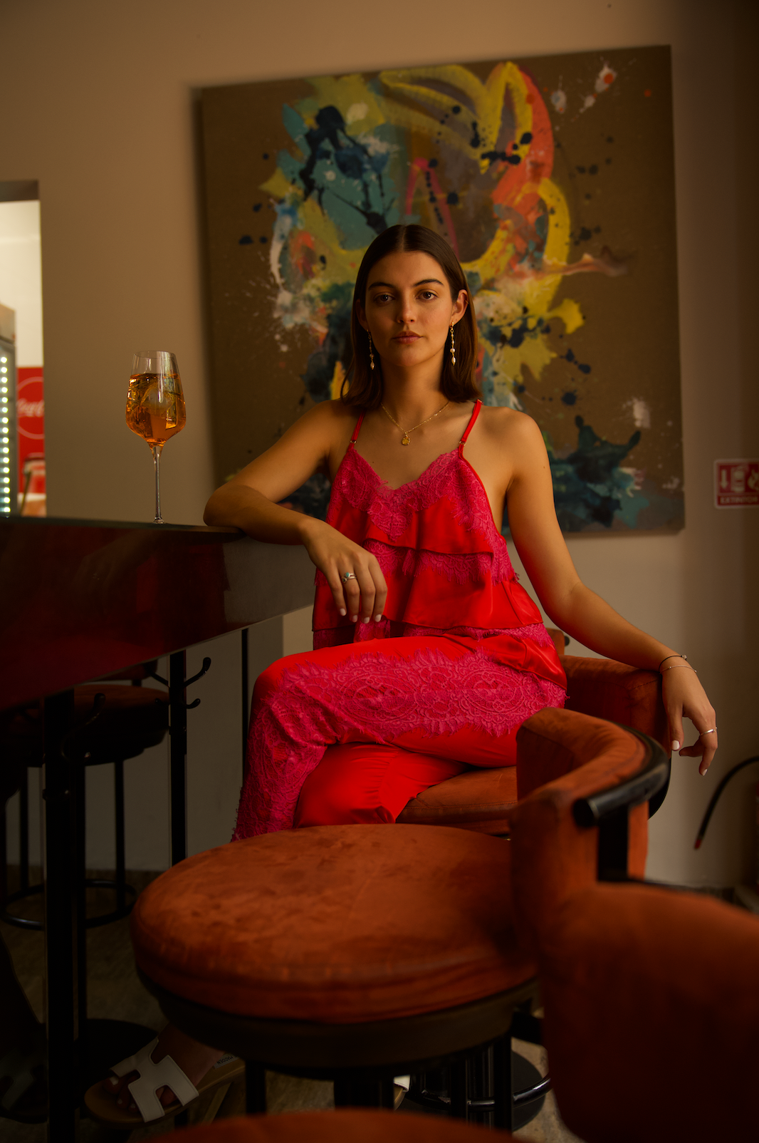 SET SATIN ROJO CON DETALLE ENCAJE ROSA