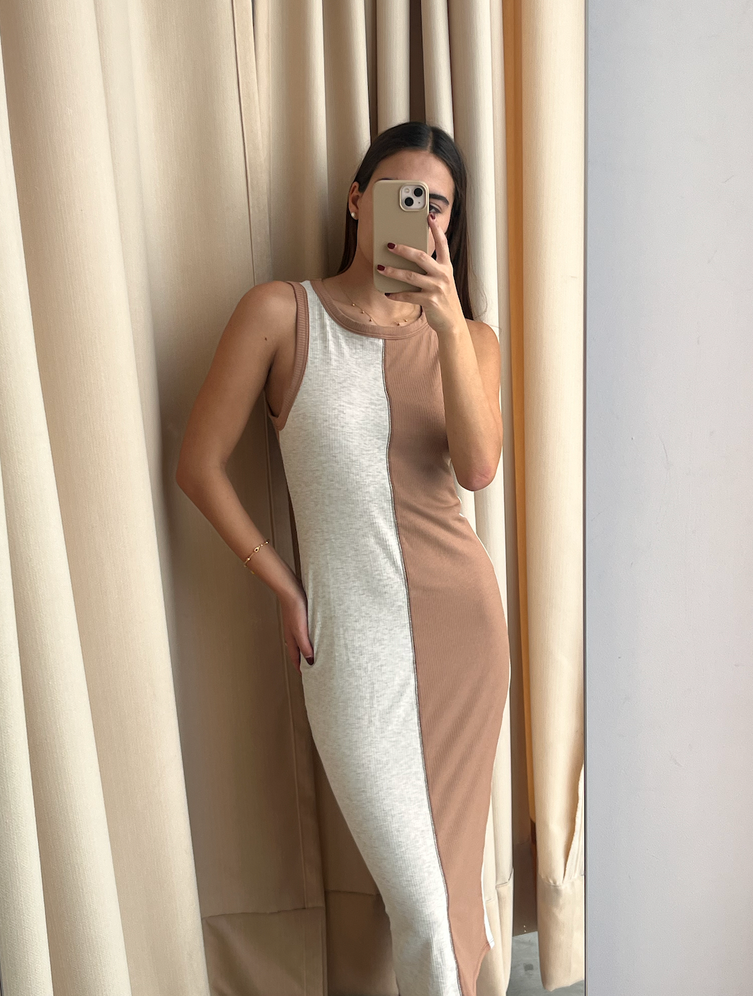 VESTIDO COLOR BLOCK CAMEL