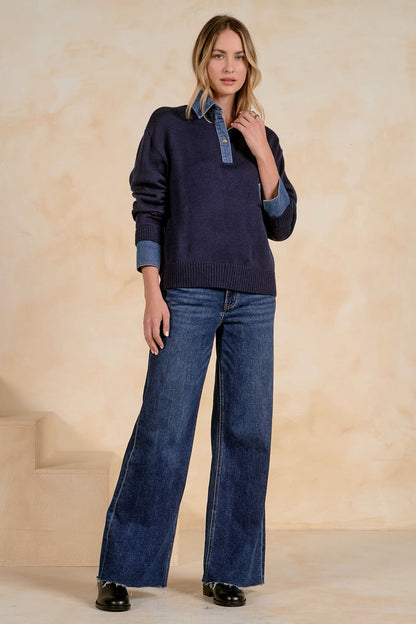 NAVY DENIM POLO SWEATER