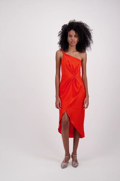 VESTIDO NARANJA CORTO LARGO SATIN