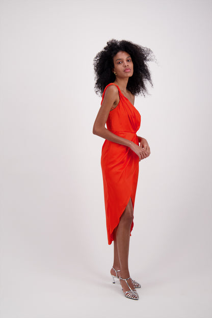 VESTIDO NARANJA CORTO LARGO SATIN