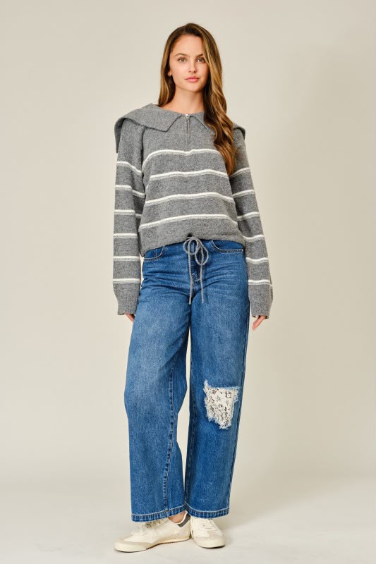 COLLAR STRIPED ZIP PULLOVER SWEATER