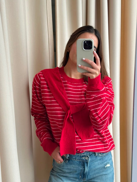 RED SCARF STRIPED SWEATER
