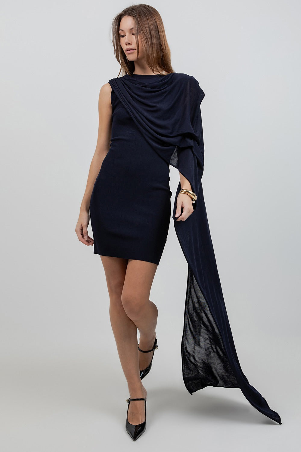KNITTED CAPE NAVY DRESS