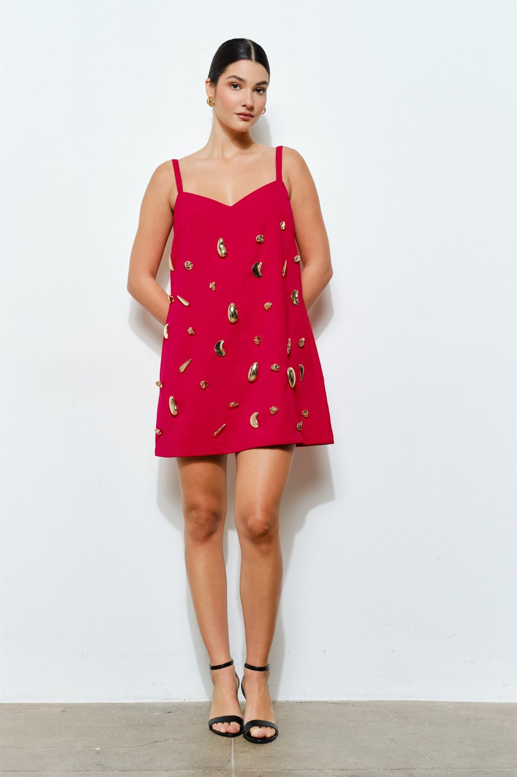 RED GOLD DETAIL MINI DRESS