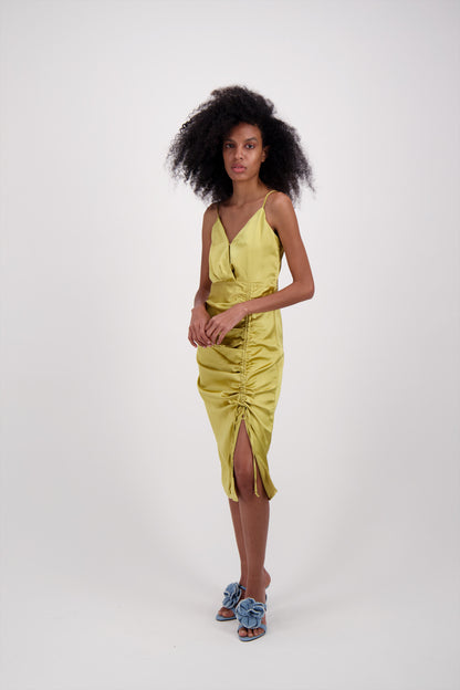 VESTIDO SATIN DORADO CORTO LARGO