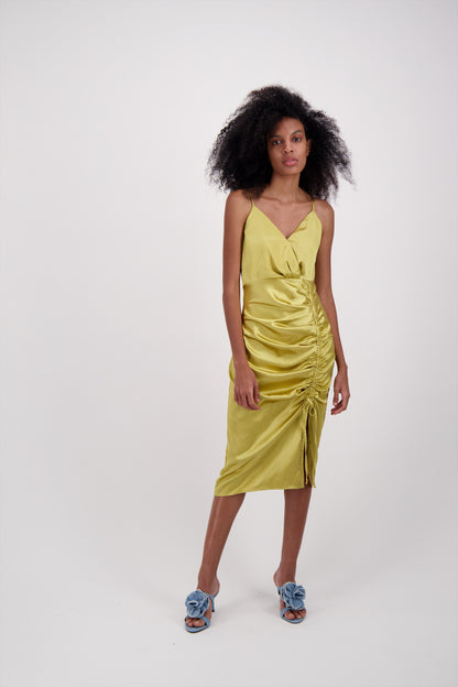 VESTIDO SATIN DORADO CORTO LARGO