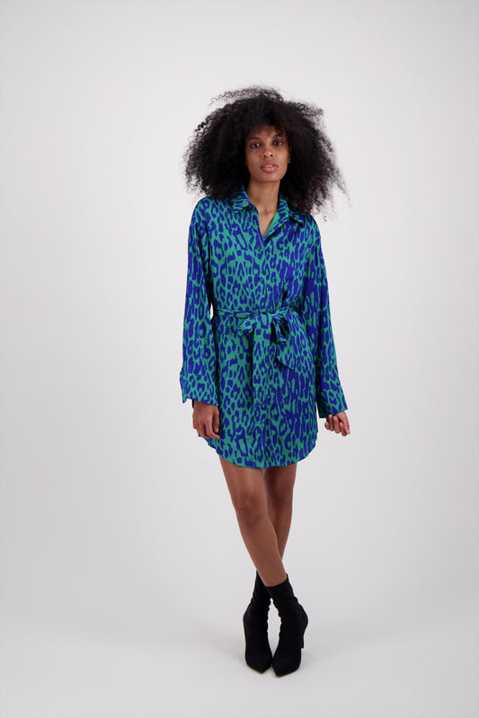 VESTIDO LEOPARDO VERDE CON AZUL