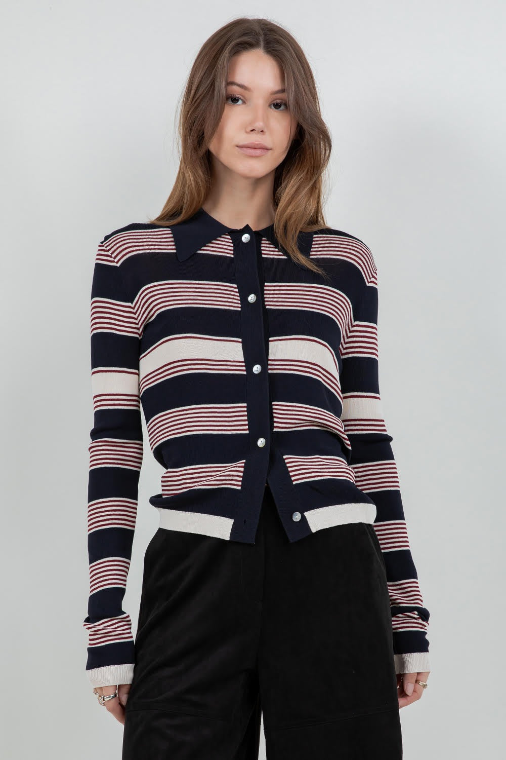 NAVY WINE STRIPPED CARDIGAN