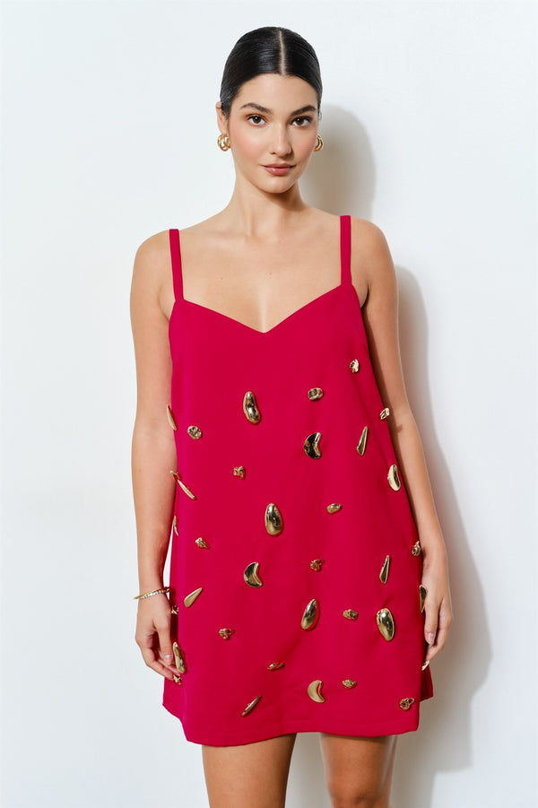 RED GOLD DETAIL MINI DRESS