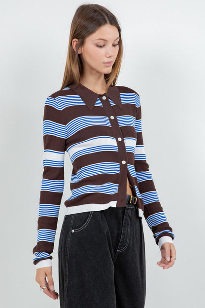 BROWN BLUE STRIPPED CARDIGAN