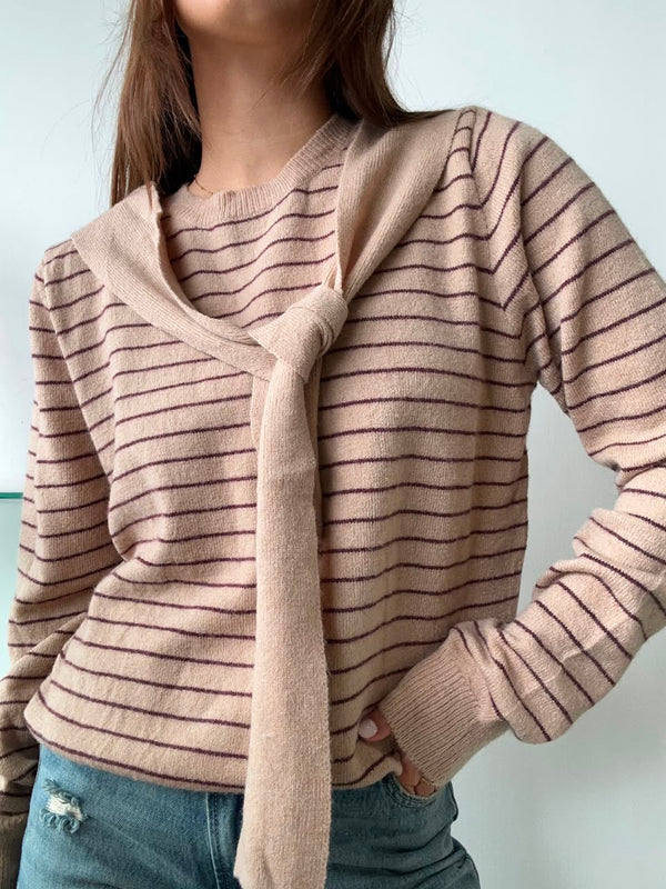 BEIGE SCARF STRIPED SWEATER