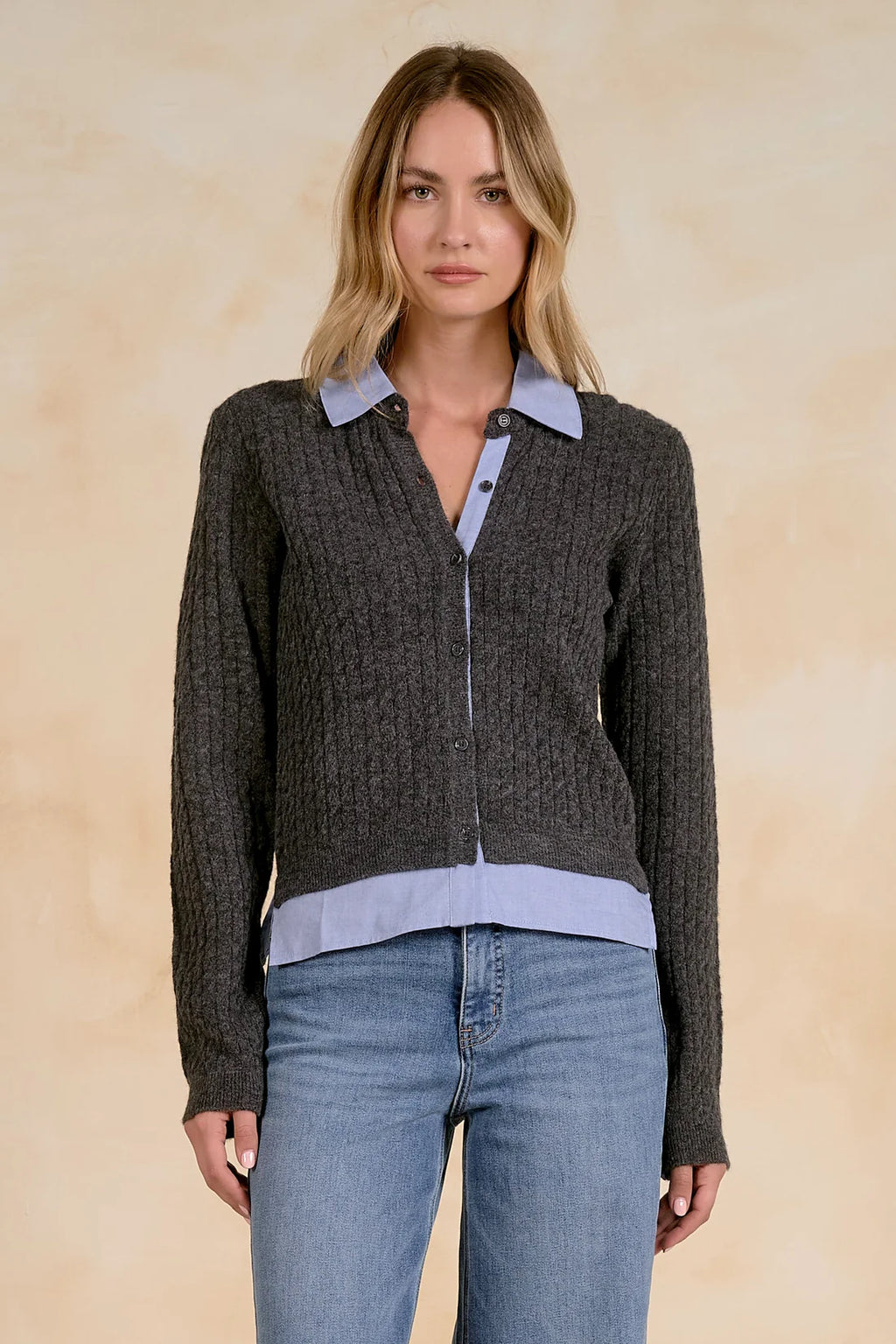 GREY CARDIGAN COLLAR SWEATER