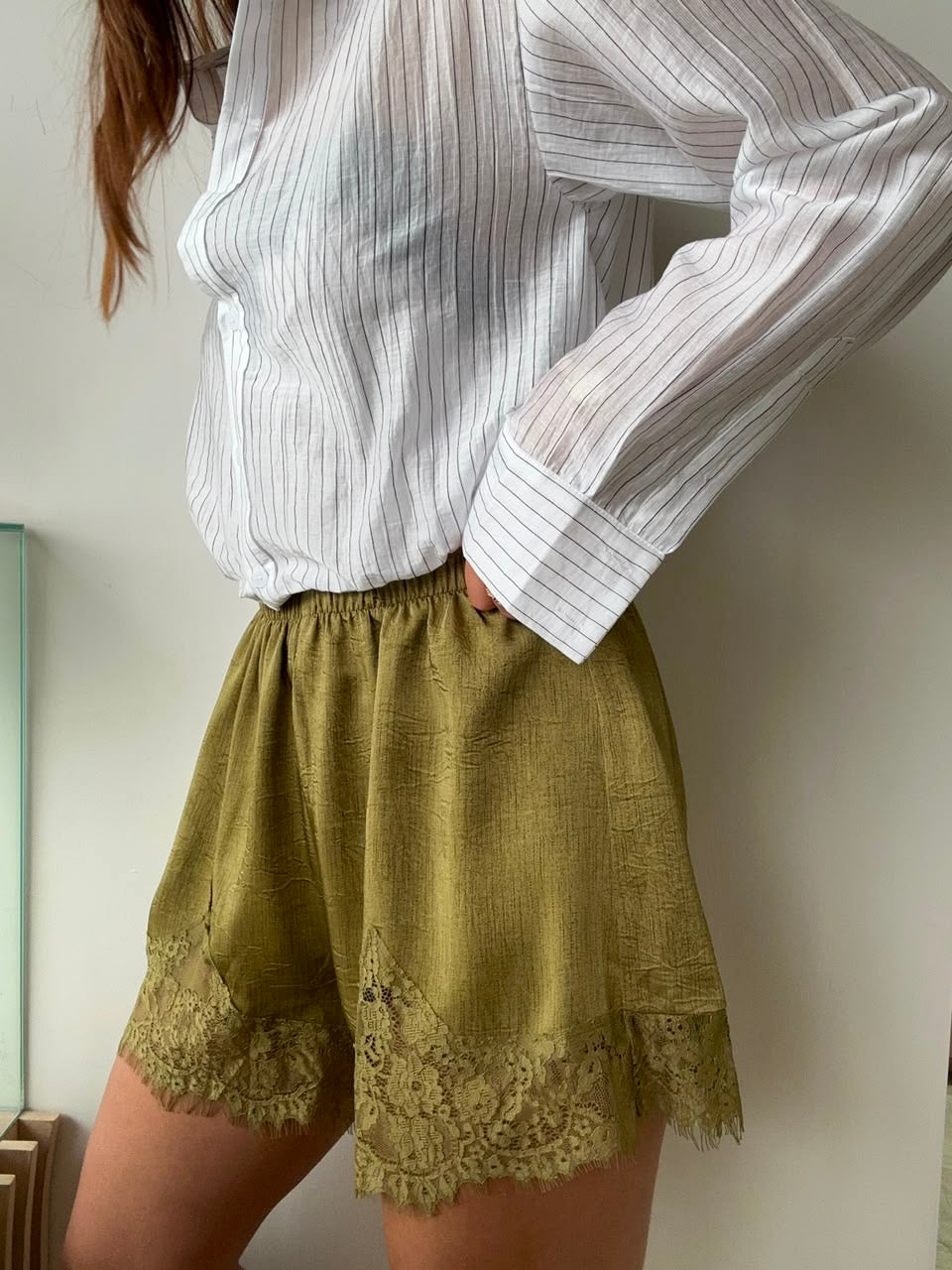 OLIVE SATIN LACE SHORTS