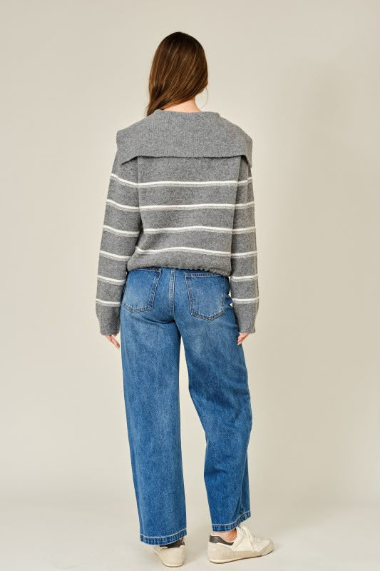 COLLAR STRIPED ZIP PULLOVER SWEATER
