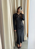 DETAIL BLACK SATIN DRESS