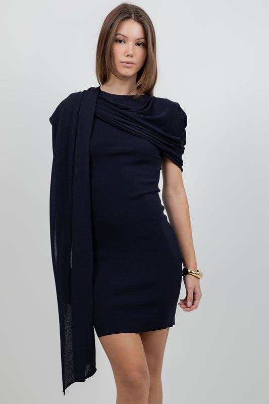 KNITTED CAPE NAVY DRESS