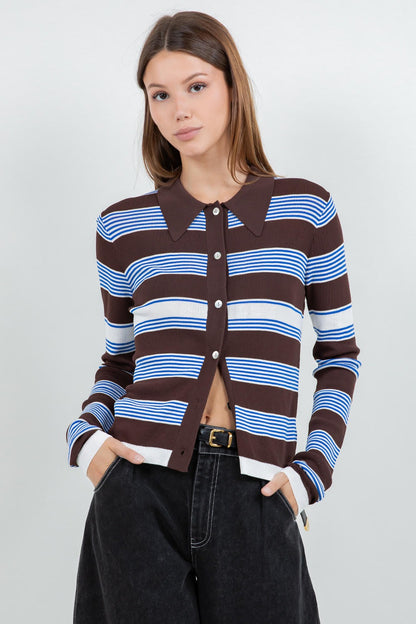 BROWN BLUE STRIPPED CARDIGAN