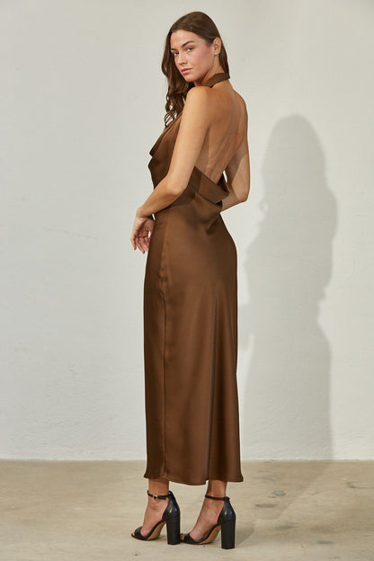 BROWN SATIN MIDI DRESS