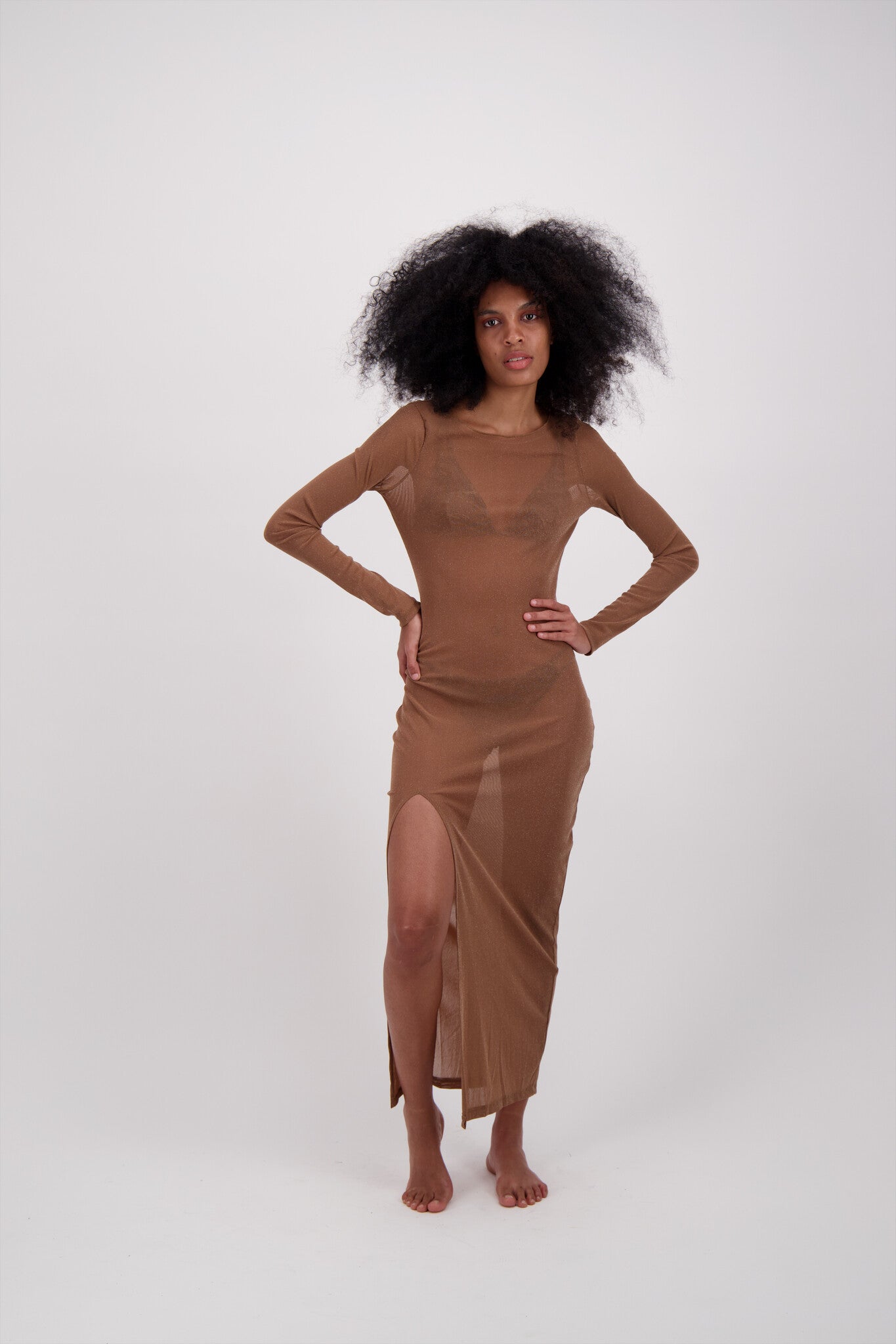 VESTIDO GLITTER MESH BEIGE CON DORADO