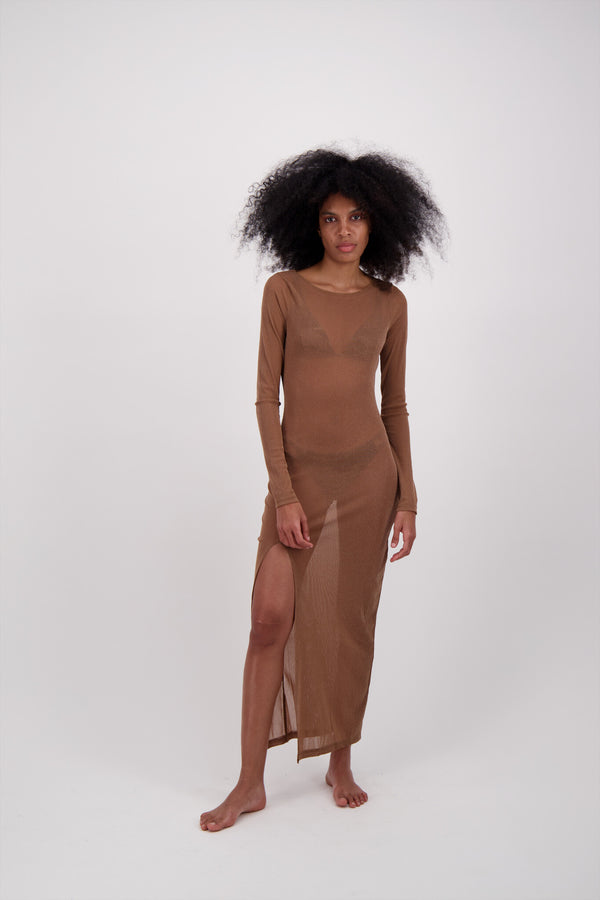 VESTIDO GLITTER MESH BEIGE CON DORADO