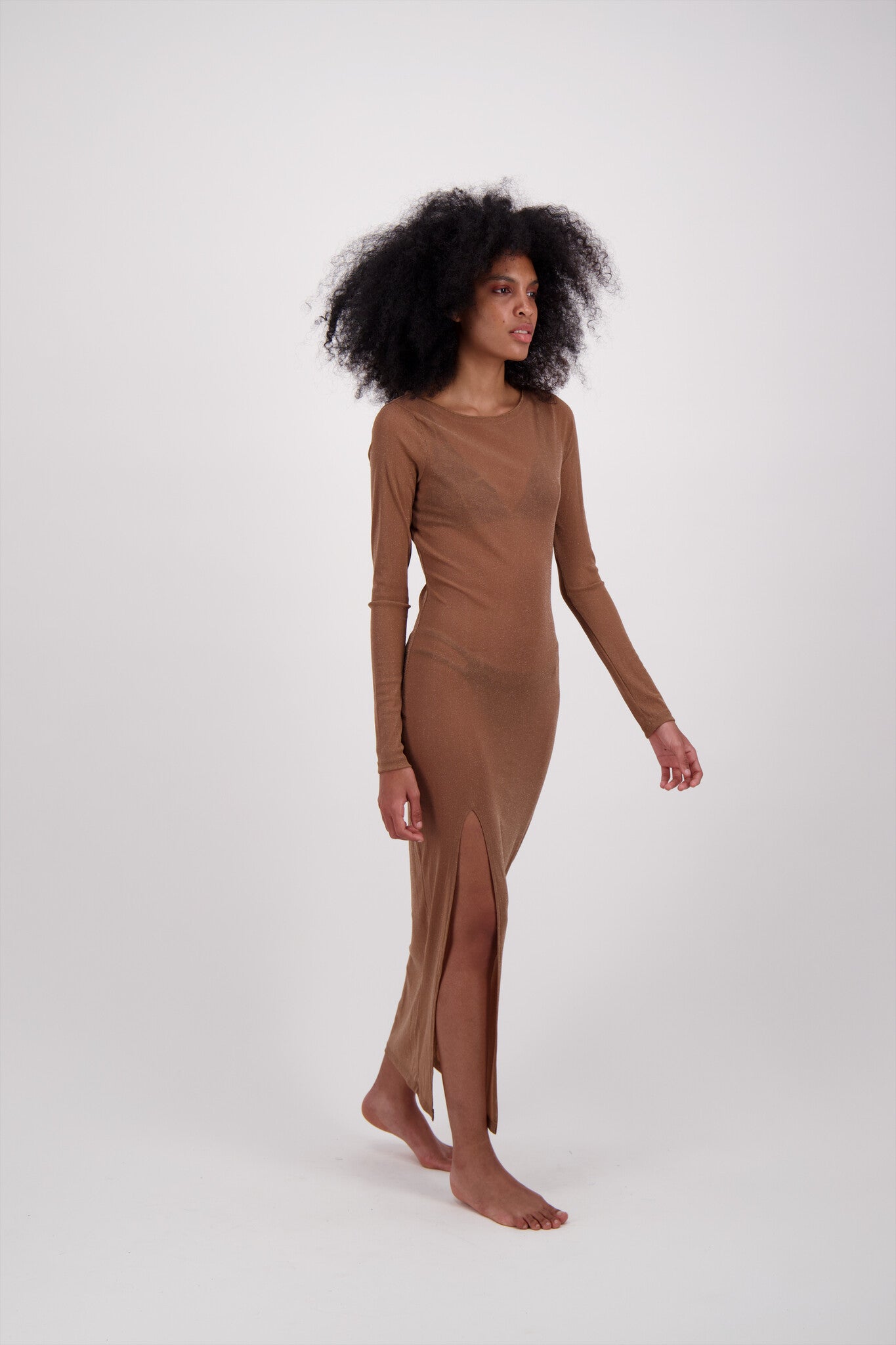 VESTIDO GLITTER MESH BEIGE CON DORADO