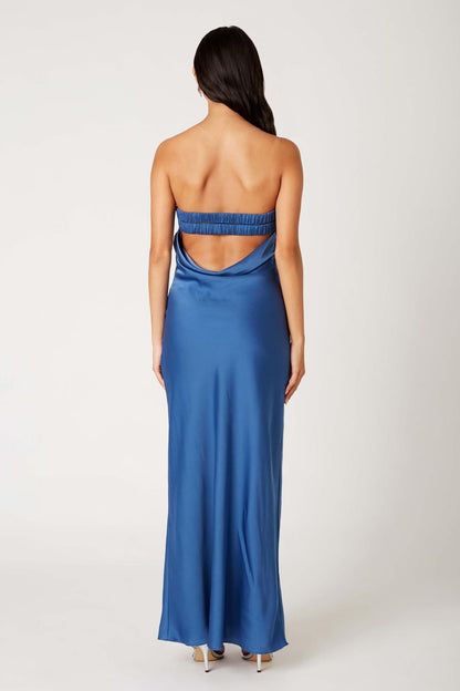 STRAPLESS BLUE SATIN DRESS