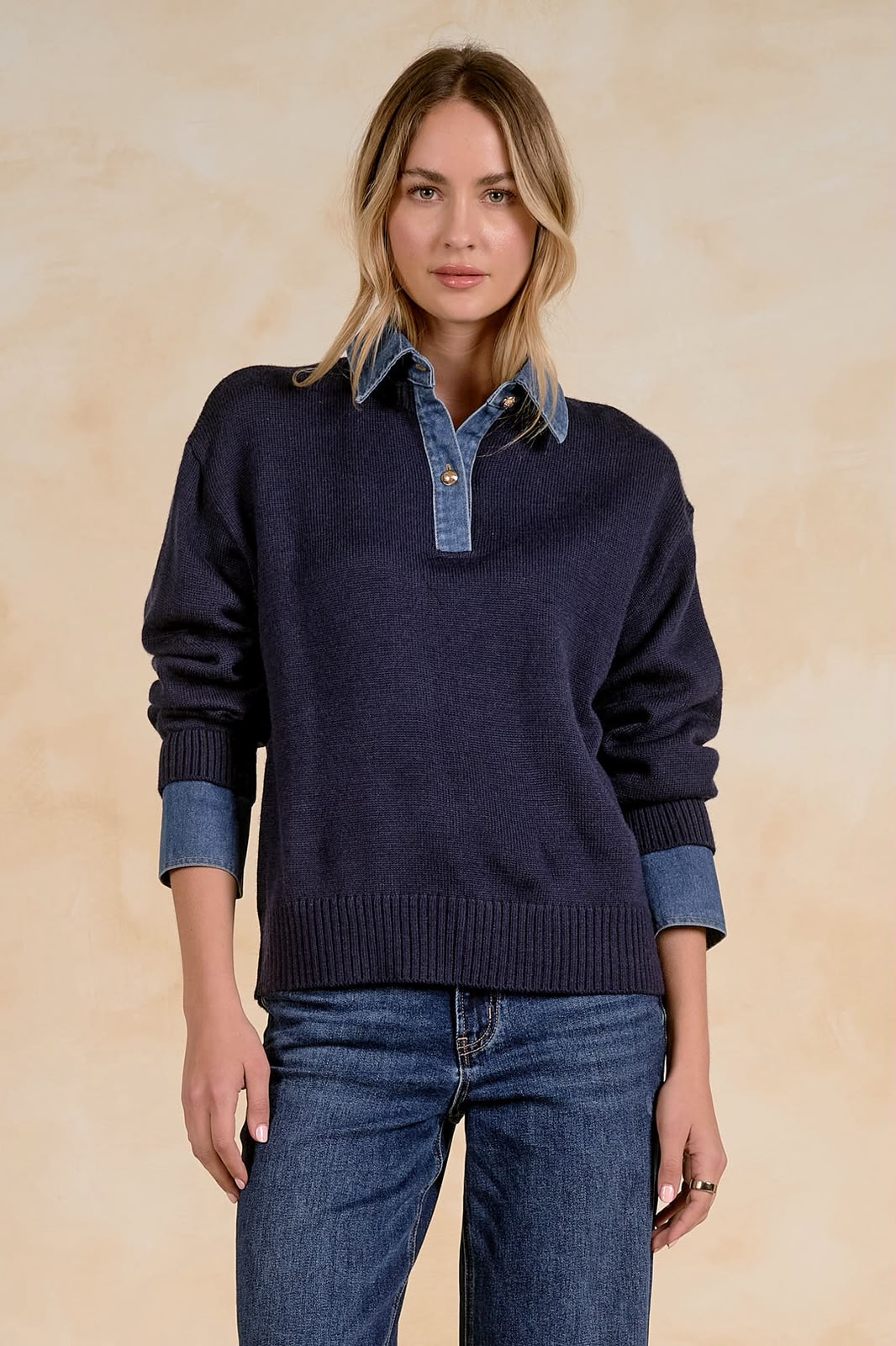 NAVY DENIM POLO SWEATER