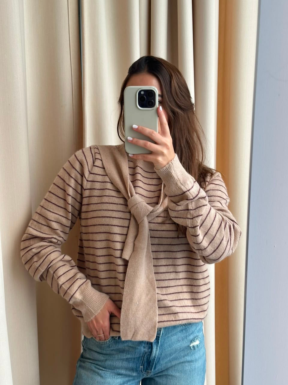 BEIGE SCARF STRIPED SWEATER