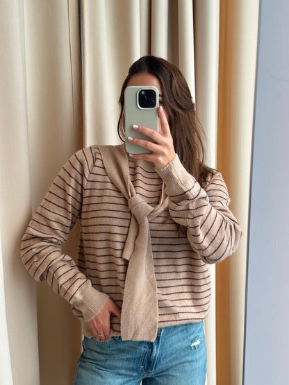 BEIGE SCARF STRIPED SWEATER
