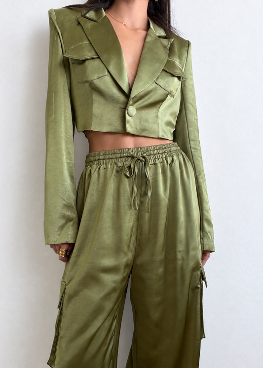 OLIVE SATIN CARGO BLAZER SET