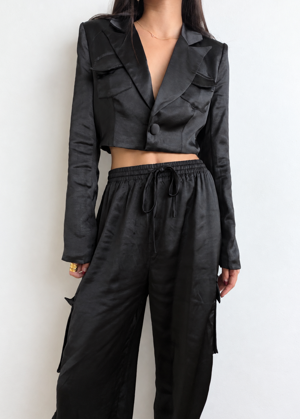 BLACK SATIN CARGO BLAZER SET