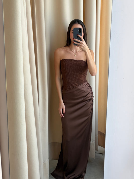 BROWN RHINESTONES SATIN DRESS