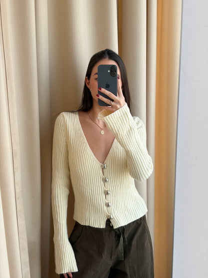 IVORY KNIT CARDIGAN SILVER BUTTON