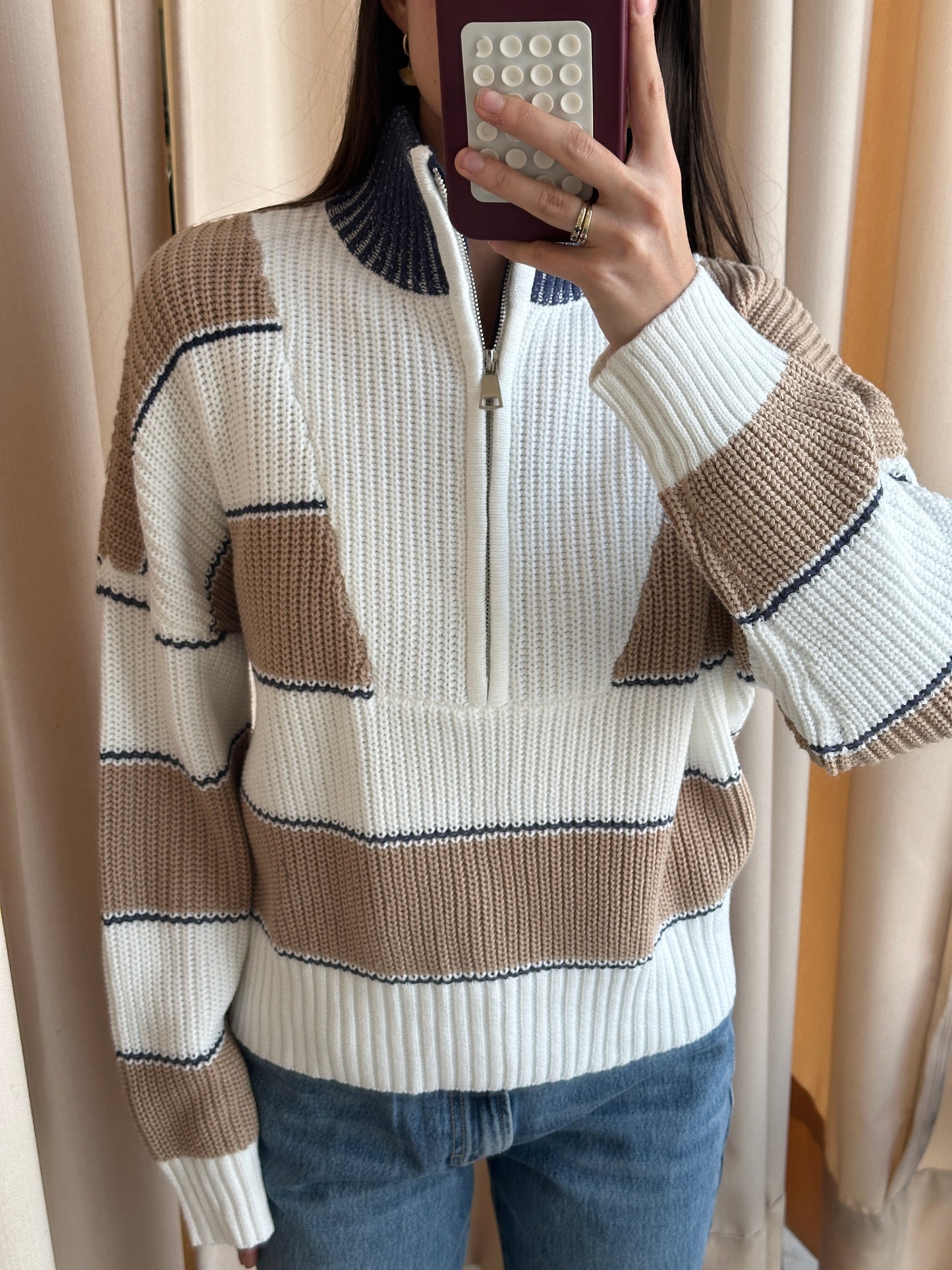 TAN WHITE ZIP SWEATER
