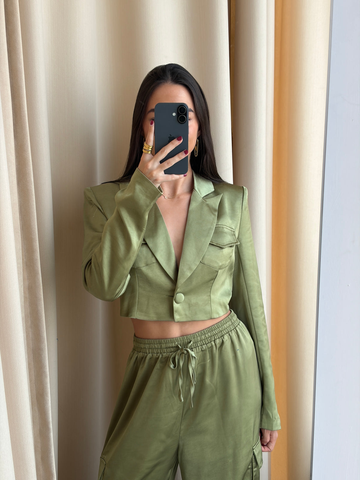 OLIVE SATIN CARGO BLAZER SET