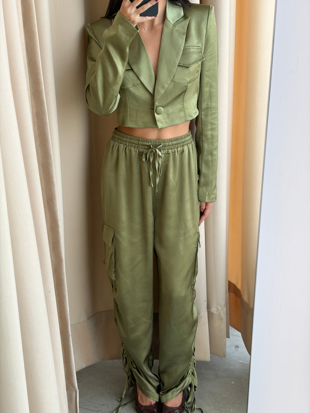 OLIVE SATIN CARGO BLAZER SET