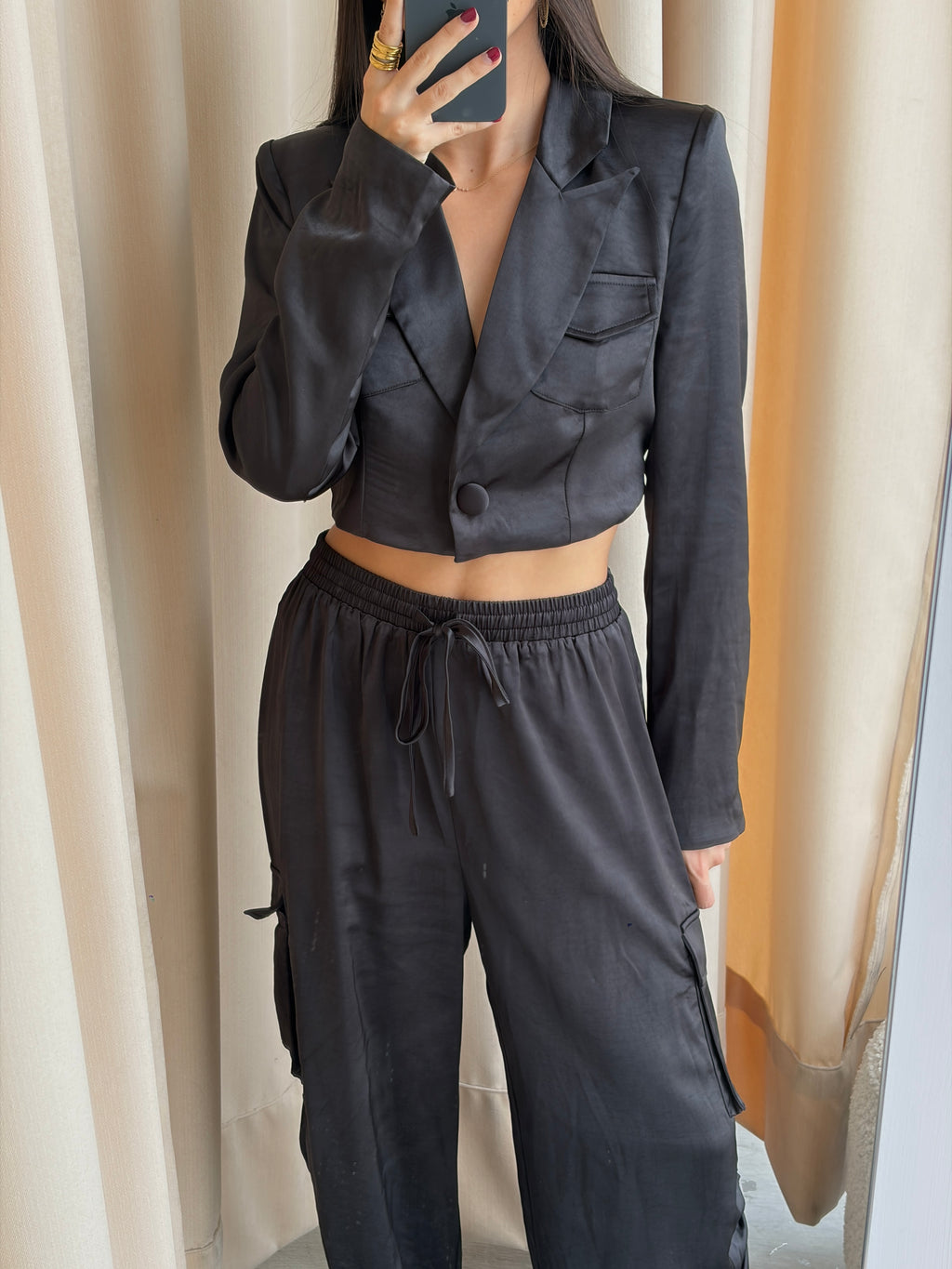 BLACK SATIN CARGO BLAZER SET