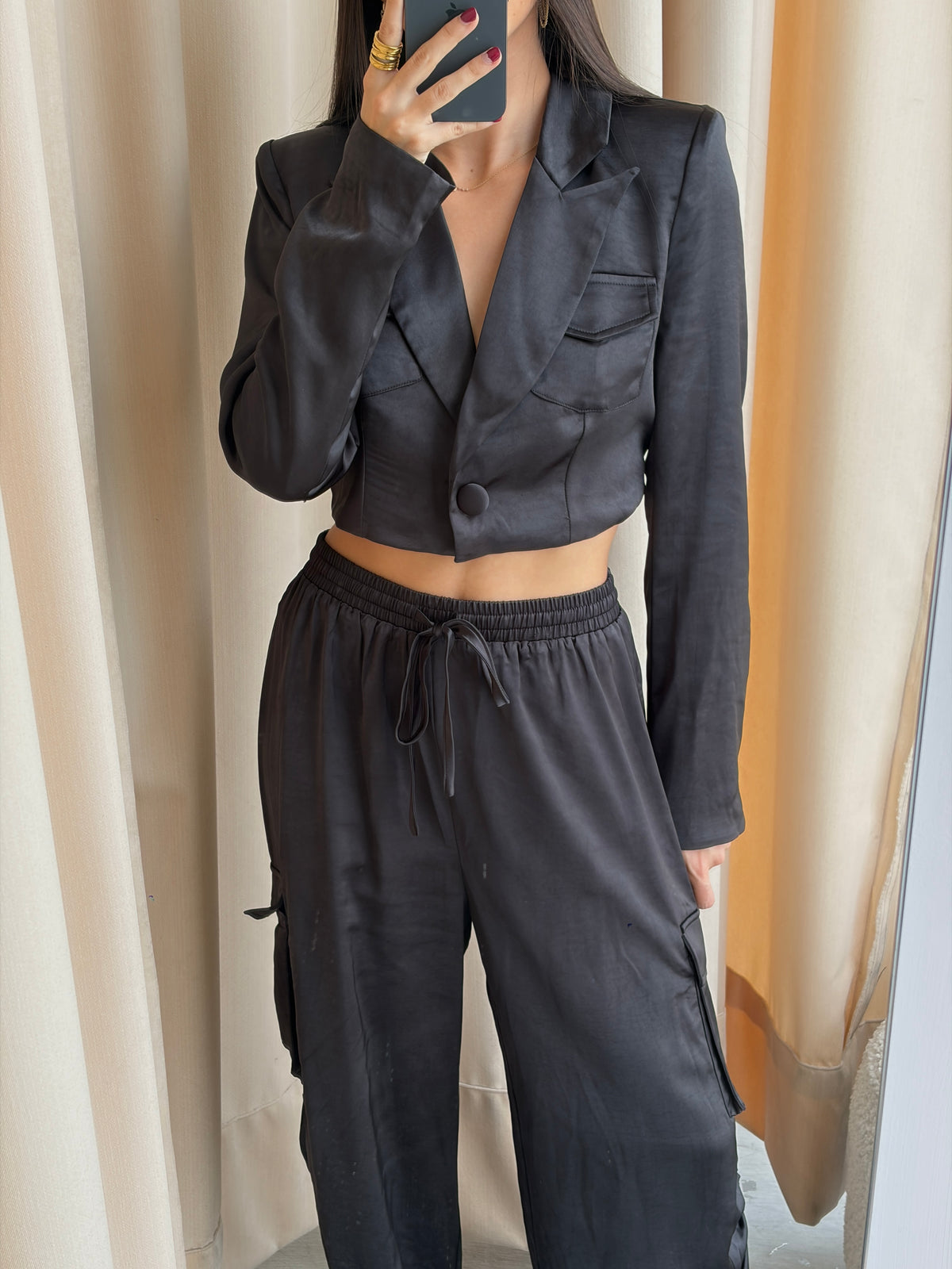 BLACK SATIN CARGO BLAZER SET