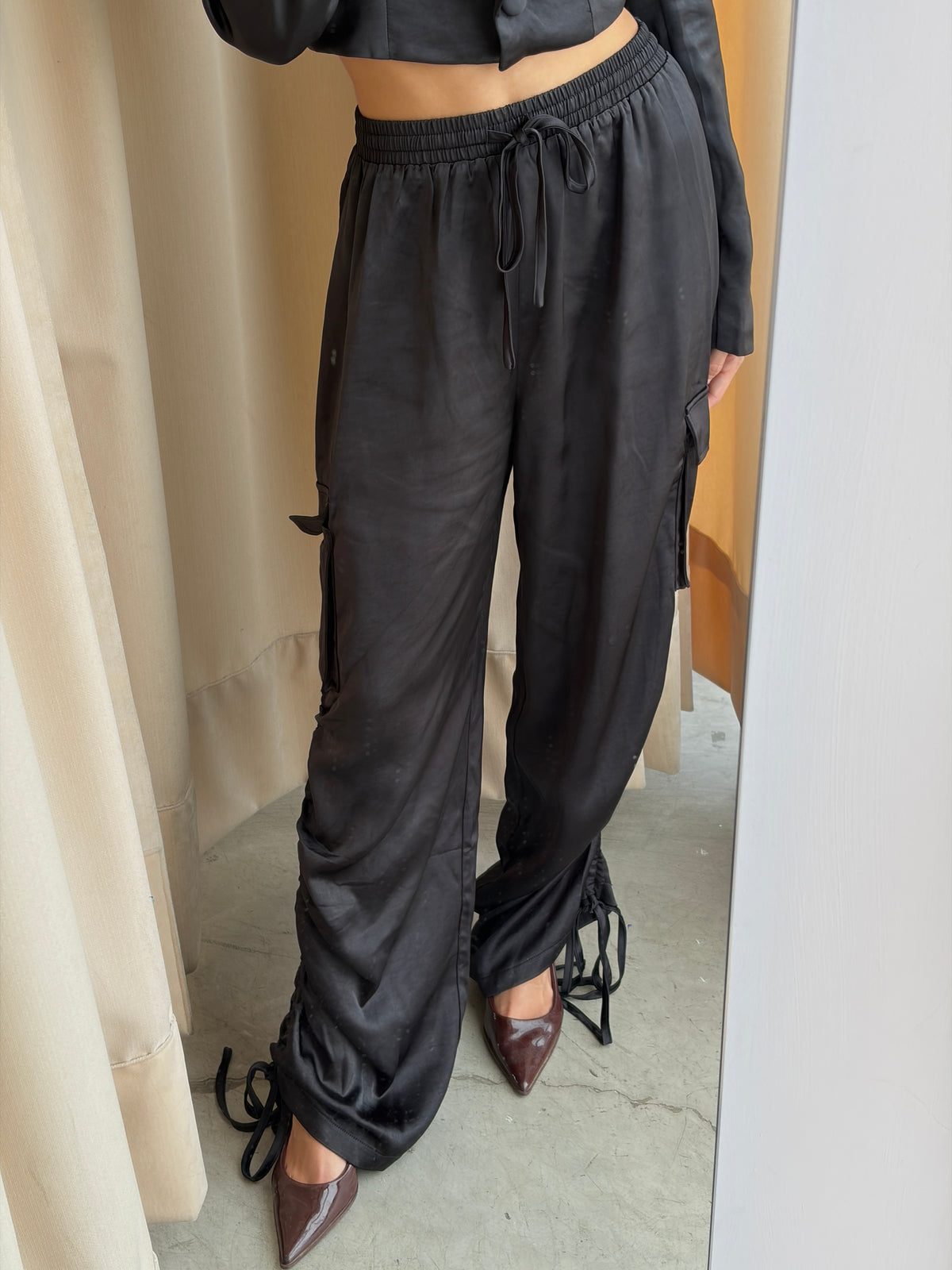 BLACK SATIN CARGO BLAZER SET