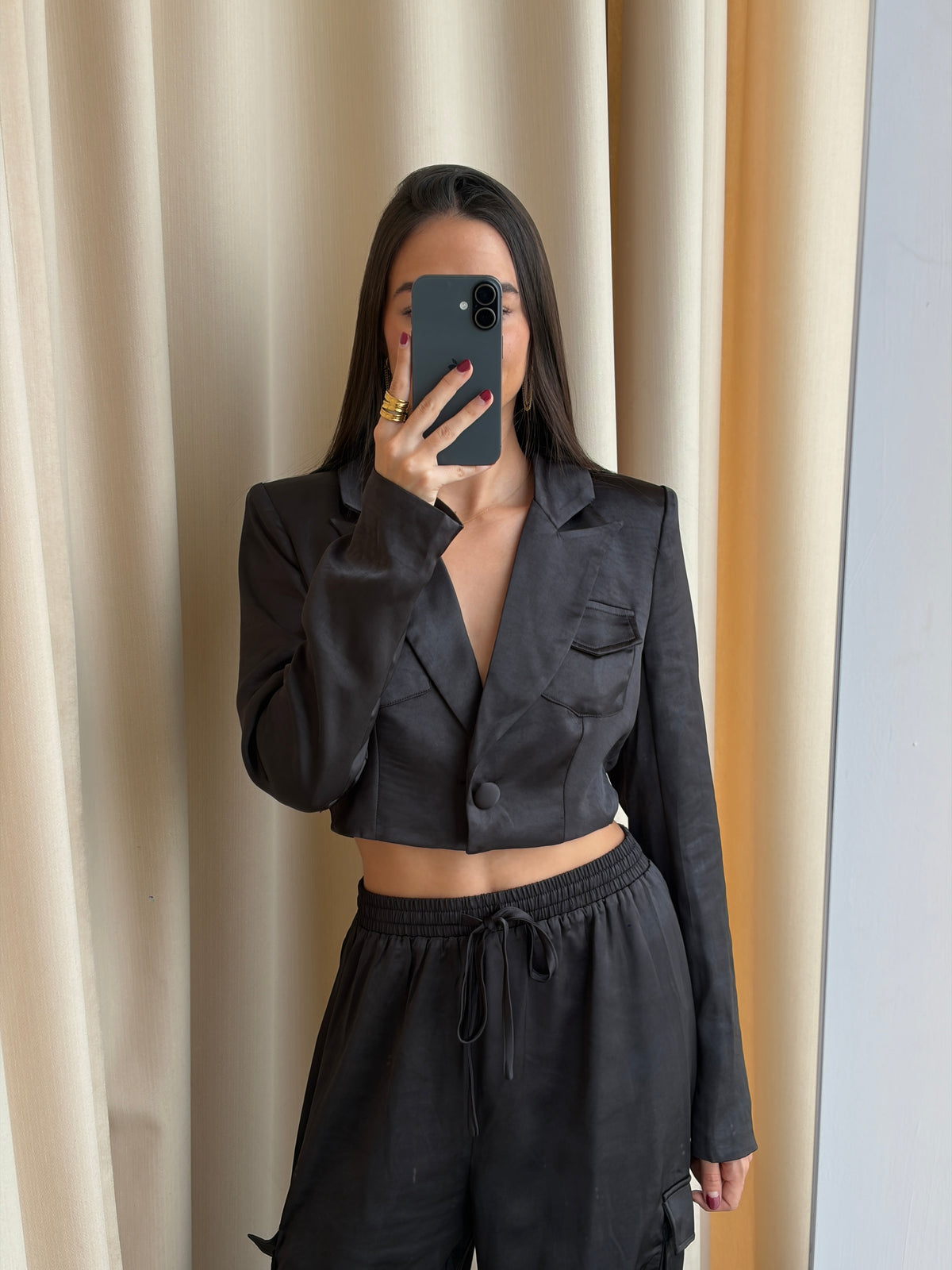 BLACK SATIN CARGO BLAZER SET