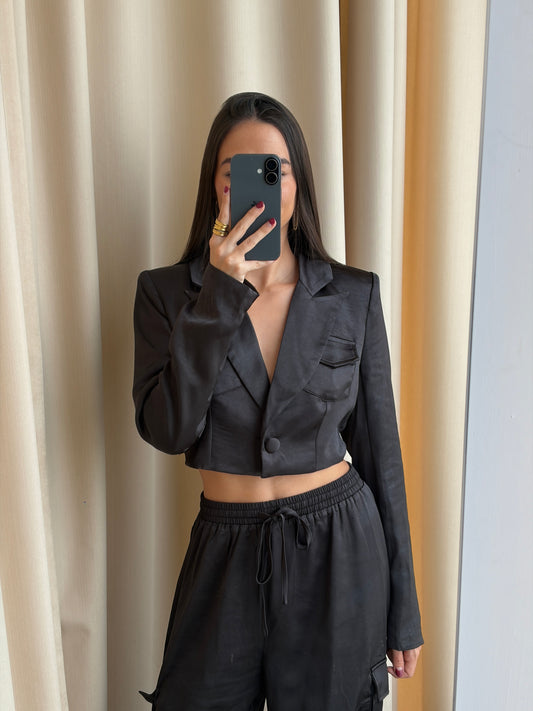 BLACK SATIN CARGO BLAZER SET