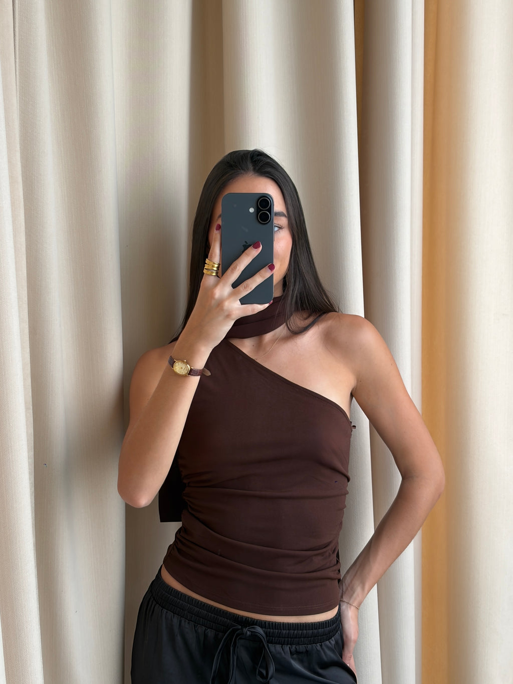BROWN TIE NECK TOP