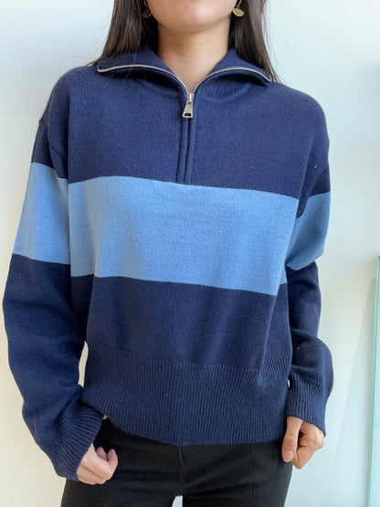 NAVY STRIPE ZIP SWEATER