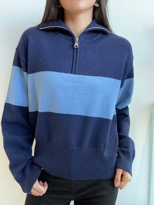 NAVY STRIPE ZIP SWEATER