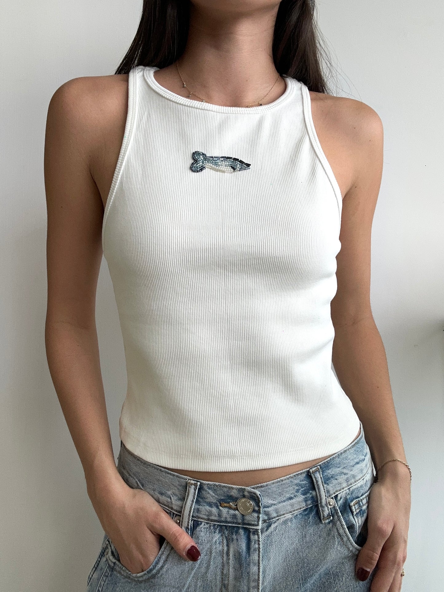 RACER WHITE TANK BEADING