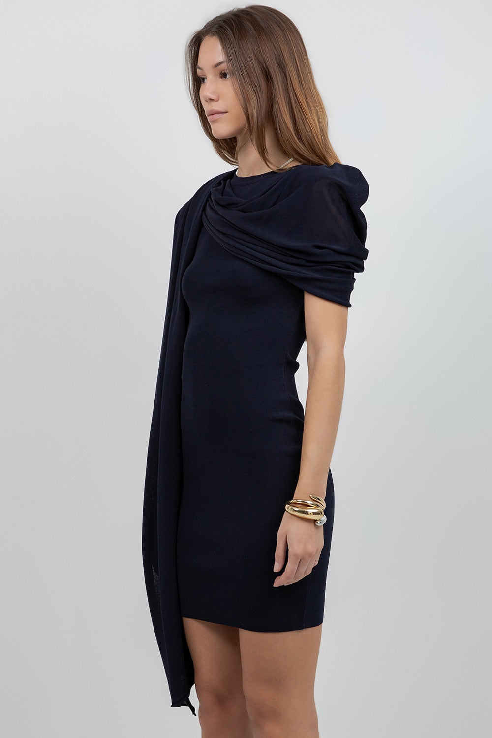 KNITTED CAPE NAVY DRESS