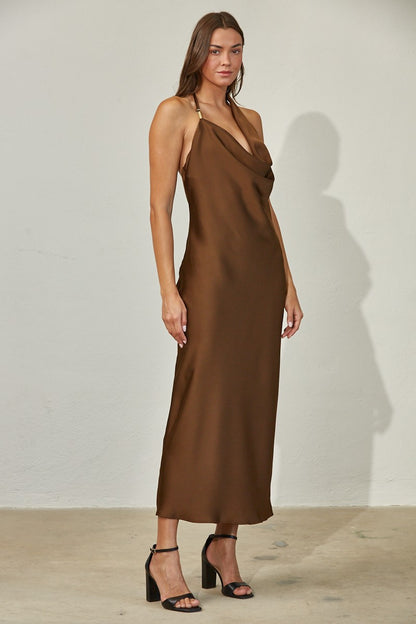 BROWN SATIN MIDI DRESS