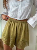OLIVE SATIN LACE SHORTS